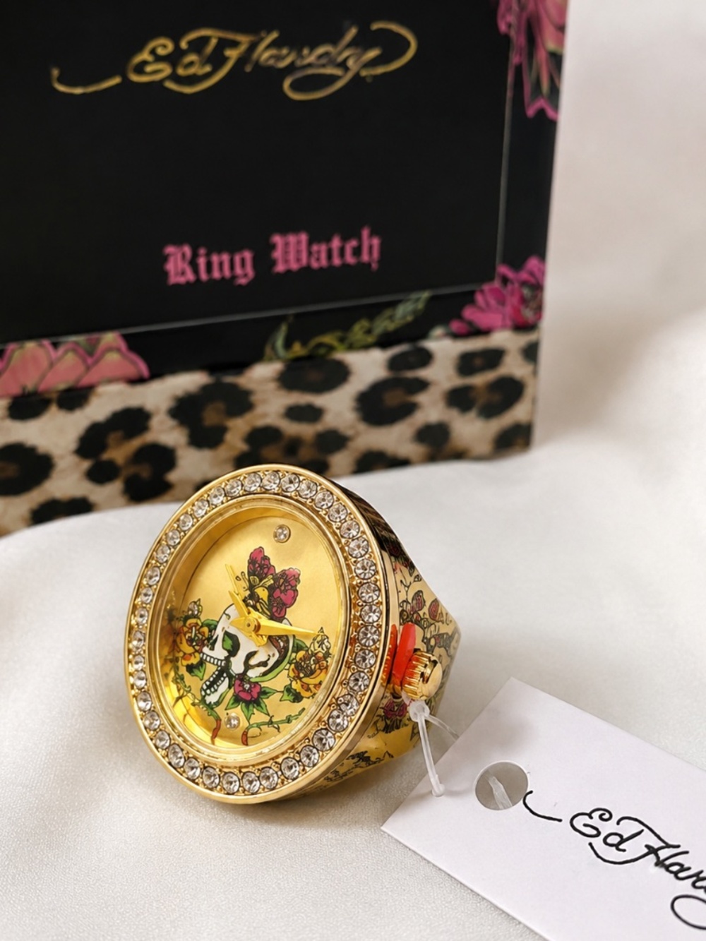 Ed Hardy Ring Watch Skull Roses Rhinestone Gold Tone Expansion Band NWT Box